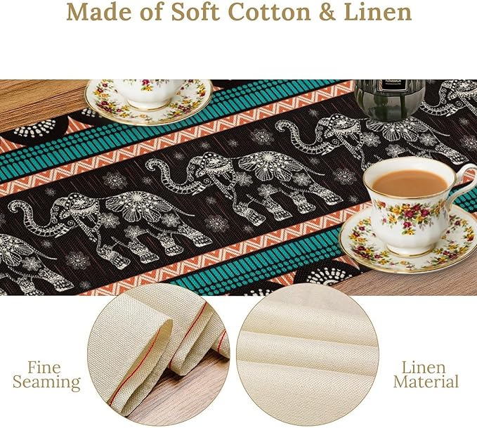Boho Elephant Table Runner, Vintage Tribal Traditional Bohemian African Animals Ethnic Folk Table Center Decor for Home Kitchen Dining Patio Holiday Party Indoor Table Decorations, 13"x108" Inch