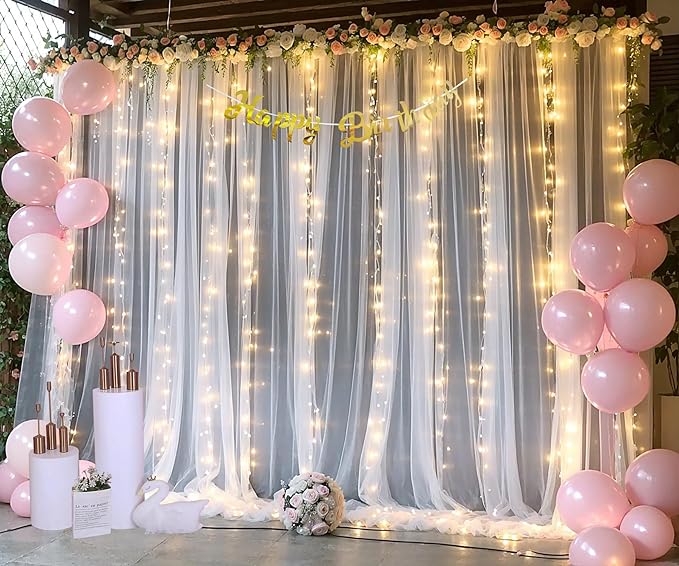 White Tulle Backdrop Curtain with Lights String for Parties Wedding Bridal Shower Sheer White Curtain Backdrop for Birthday Baby Shower Photo Booth Photography Background Decorations 20ft x 8ft