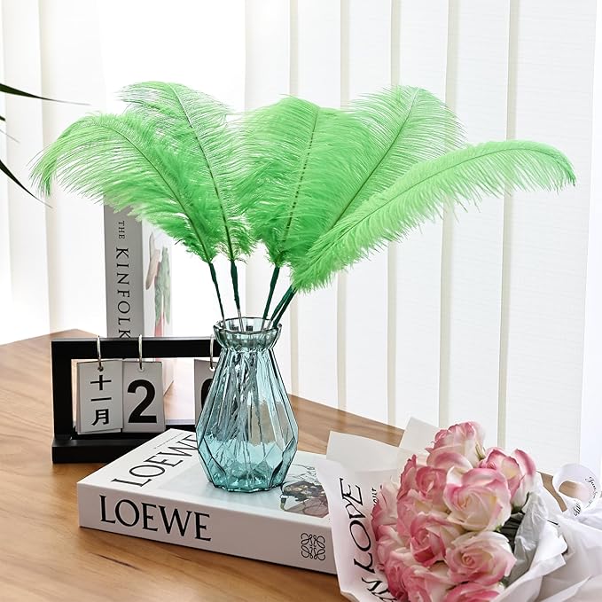 Bulk Grass Green Ostrich Feathers - 12pcs 12-14inch Crafting Supplies for Centerpiece Table Decorations
