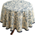ISAENNE Designer French Linen Round Tablecloth,Blue Floral Washable Indoor Table Cloth,Durable Home Decor Tablecloths for Dining Thanksgiving Kitchen Party Christmas,Diameter 67"-Ruyi B