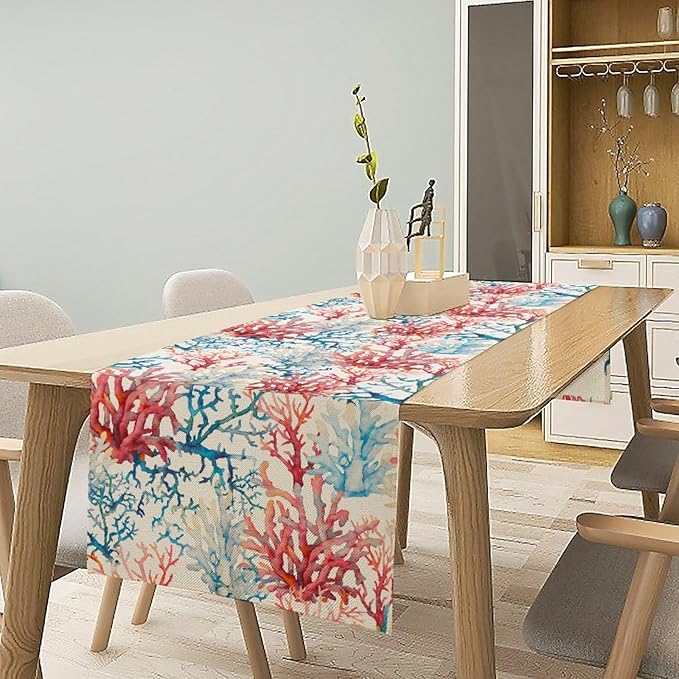 Blue Beach Table Runner, Tropical Ocean Coast Table Runner, Seashell Seasonal Nautical Restaurant Coffee Table Decorations for Home Holiday Party Indoor Outdoor 13x60 Inch