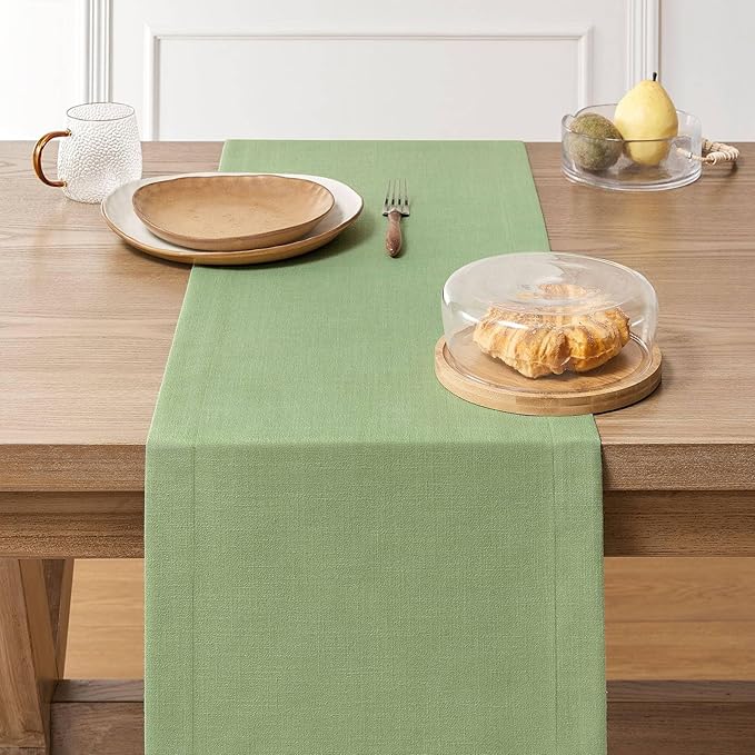 ZeeMart Linen Textured Border Table Runner, 14 x 60 Inch Green, Farmhouse Style Sage Green Table Runners 60 Inches Long, Easy Care Everyday Polyester Table Runner