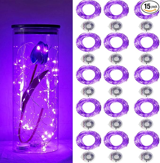 Twinkle Fairy Lights Battery Operated 3 Modes with Timer Firefly Lights 20 LED on 7.2 feet Silvery Copper Wire for DIY Wedding Party Christmas Halloween Centerpiece Decorations 15 Pack (Purple)