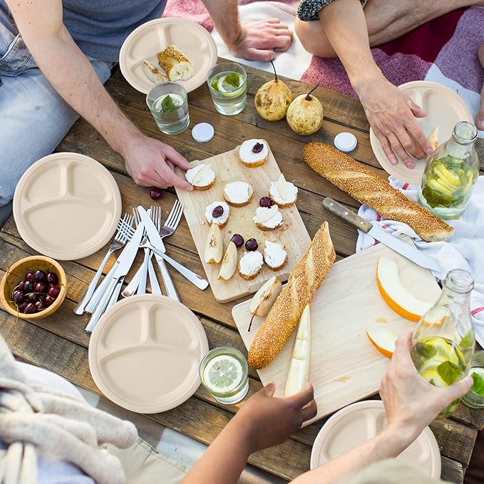 ECOLipak 125 Pack 3 Compartment Plates Disposable, 10 inch Heavy-Duty Compostable Paper Plates Made of Eco-Friendly Sugar Cane Fibers