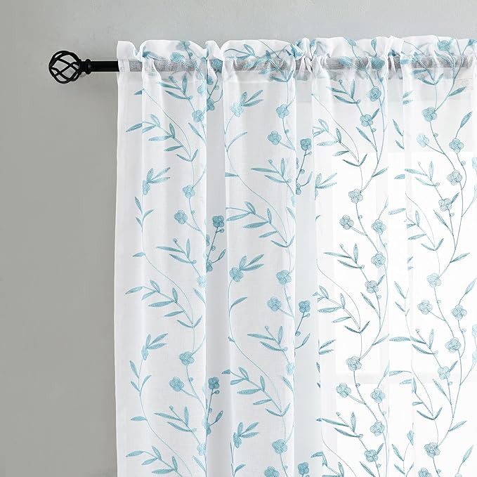 White Embroidery Sheer Curtains White-Blue 95 Inches, Floral Window Treatments Rod Pocket Drapes for Living room, Bedroom, Semi Voile Curtain Panels for Yard, Patio, Villa, Parlor, Set of 2, 52"x 95".