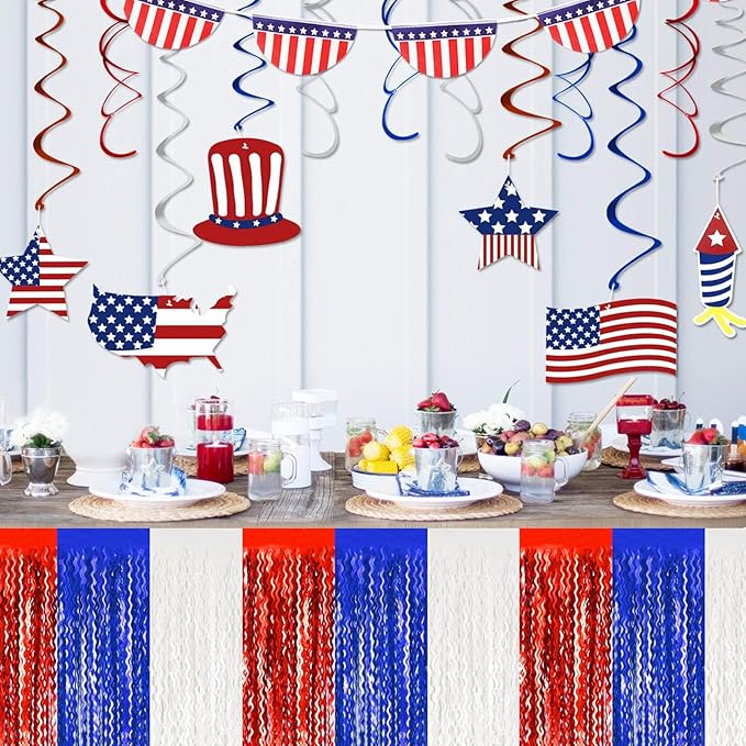 6 Pack 29 x108 Inch White Blue Red Wave Foil Fringe Table Skirts Metallic Banner for Tinsel Streamer Garland Backdrop for Parade Floats, Mother's Day, Easter, Wedding, Birthday Party Decoration
