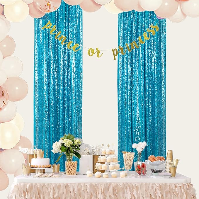 ShinyBeauty Sparkle Backdrop Curtain Aqua 2 Panels Set Sequin Photo Backdrop Turquoise 2FTx8FT Sequin Backdrop Curtain Aqua Blue Pack of 2-1220S