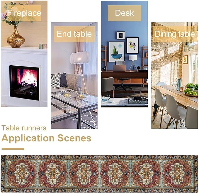 Vintage Boho Floral Table Runner, Rustic Country Farmhouse Red Blue Gold Retro Flower Pattern for Home Kitchen Table Decor Dining Coffee Room Party Decor 13x90in