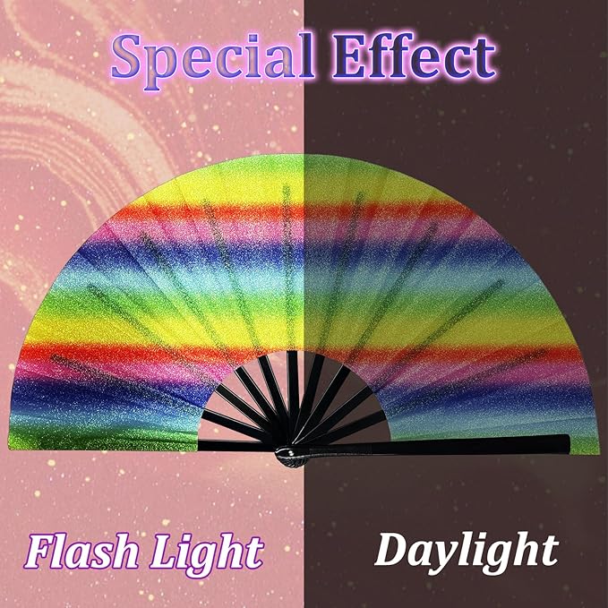 13'' Large Glitter Rave Fan Folding Hand Fans for Men Women Line Dancing Portable Handheld Clack Fan for Festival EDM Party Music Outfit Accessories