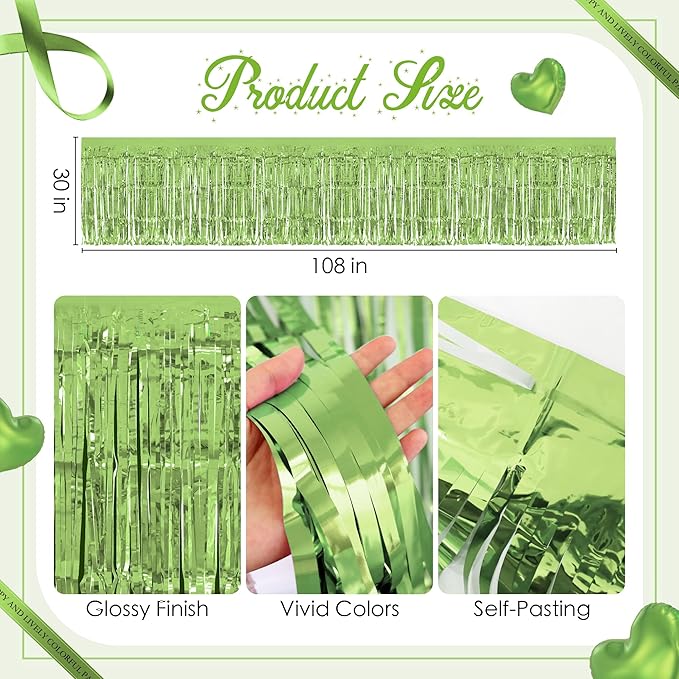 8 Pack Light Green Table Skirts, 29x108" Metallic Foil Tinsel Fringe Table Skirts for Rectangle Tables Streamer Curtains Backdrop, Party Decorations for Birthdays Weddings Holidays