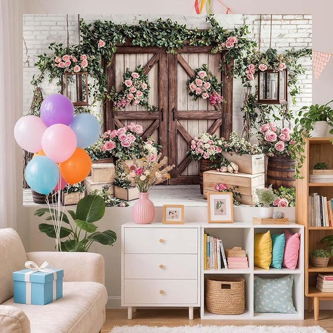 8x6ft Country Wedding Photography Backdrop Floral Rustic Roses Farmhouse Wooden Door Backdrop Pink Flower Birthday Baby Shower Wedding Bridal Party Banner Photo Booth Props Anniversary Background