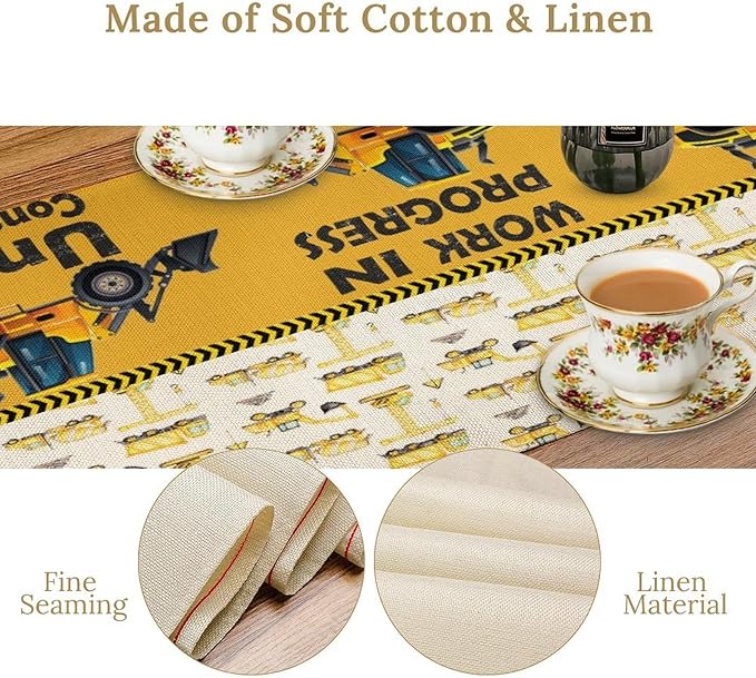 Cartoon Car Table Runner,Boys Kids Construction Vehicles Truck Yellow Print Tablecloth Burlap for Hotel Indoors Outdoor Dining Room Kitchen Home Decor,W13X L80 in