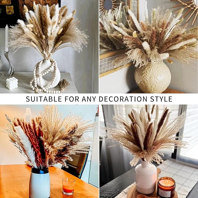 135Pcs Dried Pampas Grass Decor, Boho Home Decor, Mini Bunny Tails Dried Flowers, Fluffy Pompous Grass Bouquet Bulk for Wedding, Table, Rustic Party, Baby Shower Decorations