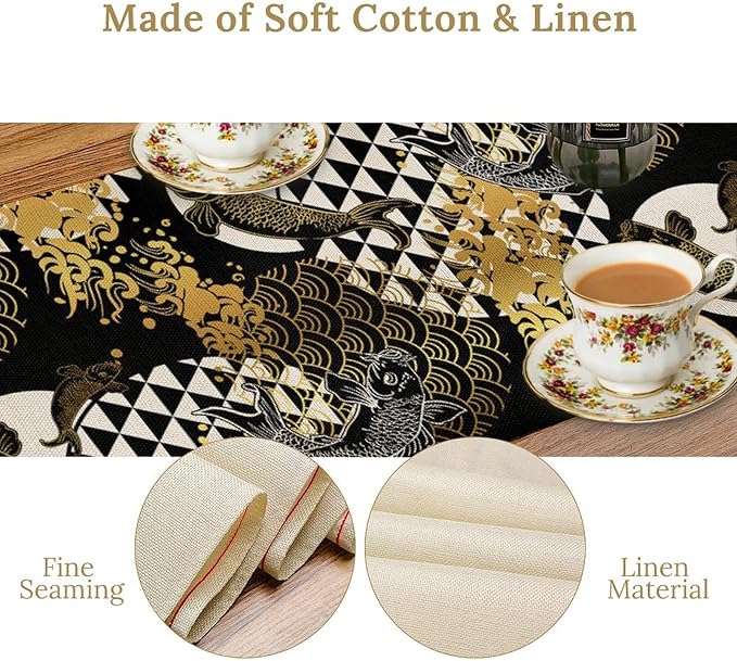 Japanese Table Runner Oriental Tradition Kio Fish Gold Art Printed Burlap Runner Home Kitchen Dining Table Living Room Decor Fabric 1 Panel W13xL90in