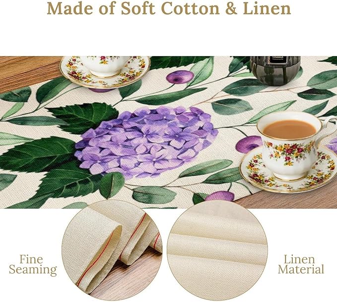 Spring Hydrangea Flower Table Runner, Seasonal Summer Plants Eucalyptus Leaves Purple Florals Dinner Runner for Home Kitchen Dining Table Party Holiday Decoration 13"x70"