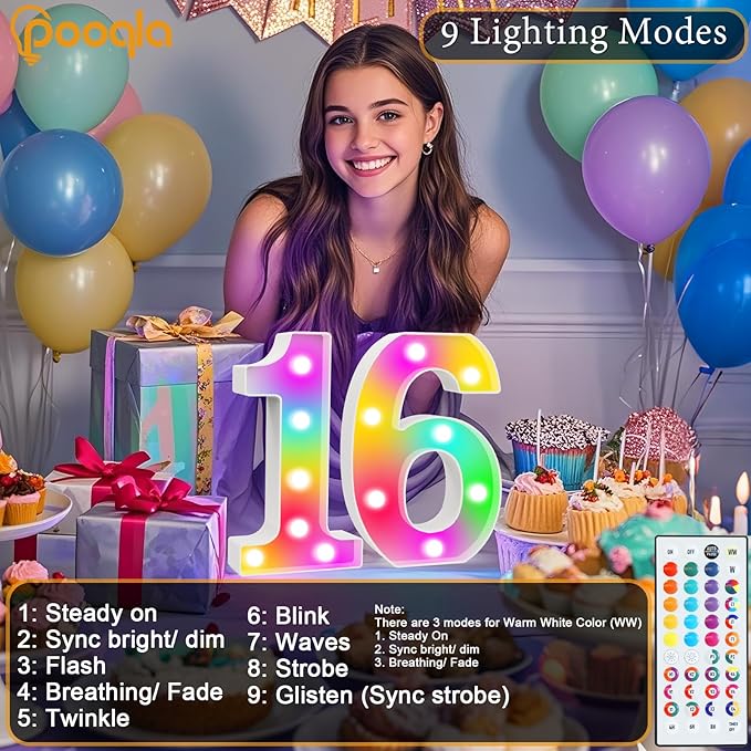 Pooqla Colorful Lighted Numbers with Remote, 35 Colors Light Up Numbers for Party, RGB LED Marquee Number Lights Gift for 6th Birthday Decorations, Wedding, Bar, Night Light, Home Decor, Number 6