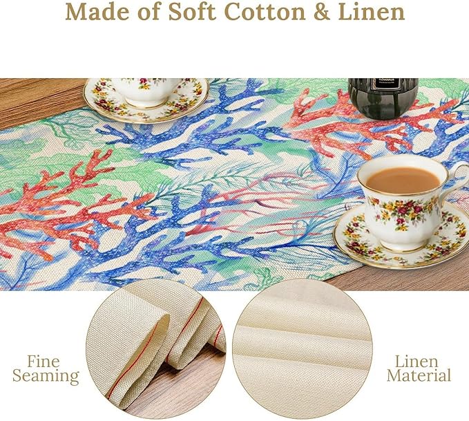 Summer Shell Starfish Table Runner, Seasonal Spring Summer Tropical Ocean Beach Indoor Party Kitchen Outdoor Table Decor 13x70 Inch