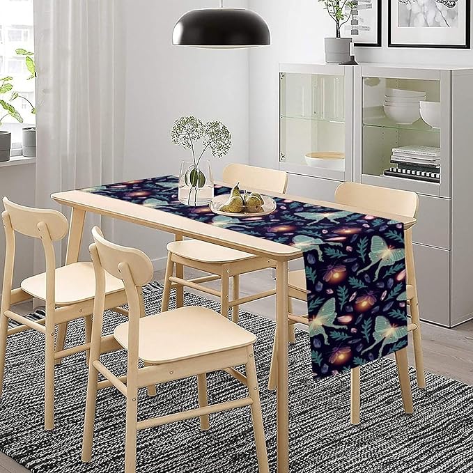 Moth Table Runner, Retro Boho Aesthetic Blue Moth Magic Table Runner for Home Kitchen Dining Party Indoor Outdoor Decoration 13x36 Inch