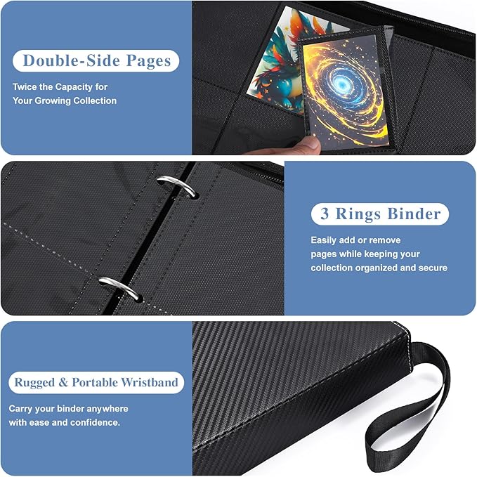 Trading Card Binder 4 Pocket with Display Window, 400 Cards Capacity Card Binder, Waterproof PU Leather Photocard Baseball Card Binder for MTG, TCG, Sports Cards, Black w/Clear Display Window