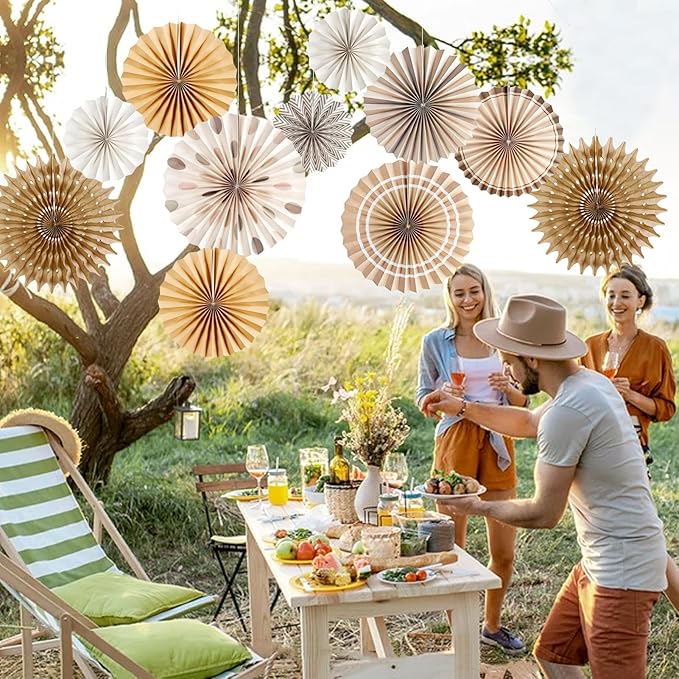Boho Hanging Paper Fans White Brown Champagne Party Decorations Neutral Rustic Paper Fans Classroom Decoration for Baby Shower Birthday Wedding Bridal Party