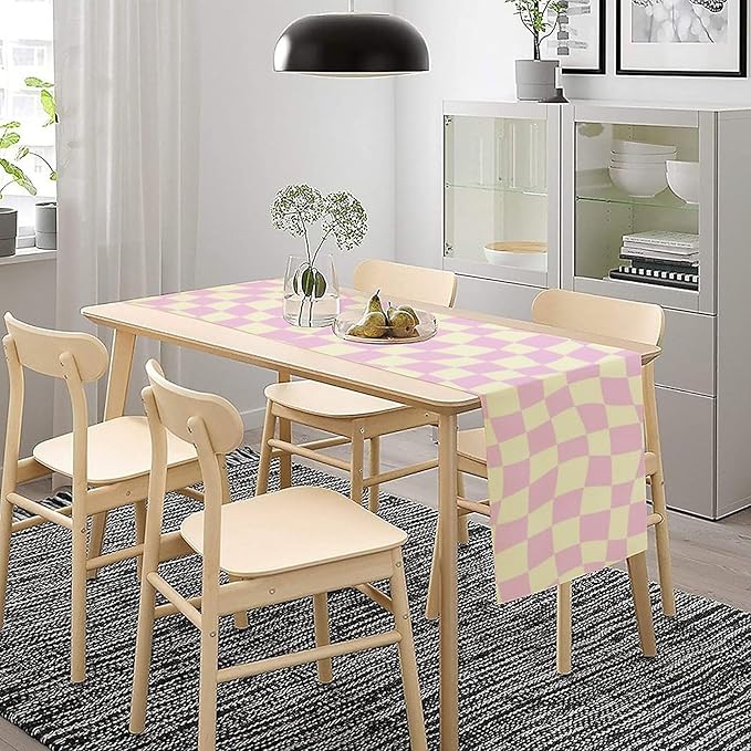 Hippie Table Runner Retro Geometric Square Purple Grid 60s70s Style Kitchen Restaurant Decoration for Indoor and Outdoor Wedding Party Table Runner 13x60 Inch