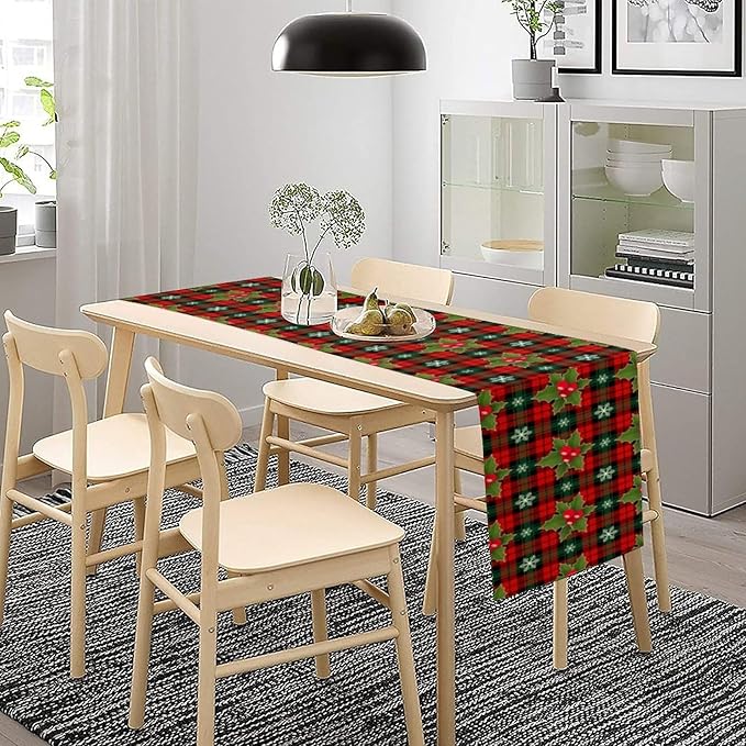 Christmas Table Runner, Red Check Plaid Winter Xmas Holiday Table Cloth Kitchen Dining Table Decoration for Home Party Decor 13x36 Inch