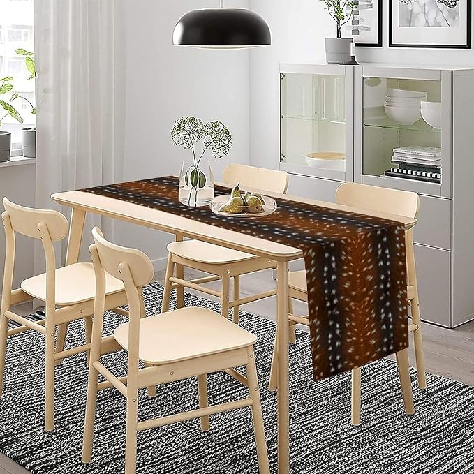 Deer Skin Table Runner Brown Fur Runner Black White Elk Deer Print Fur Western Print Cotton Linen Cottage Dinner Table Runners for Dining Room Kitchen Table Setting, 13x60 Inch