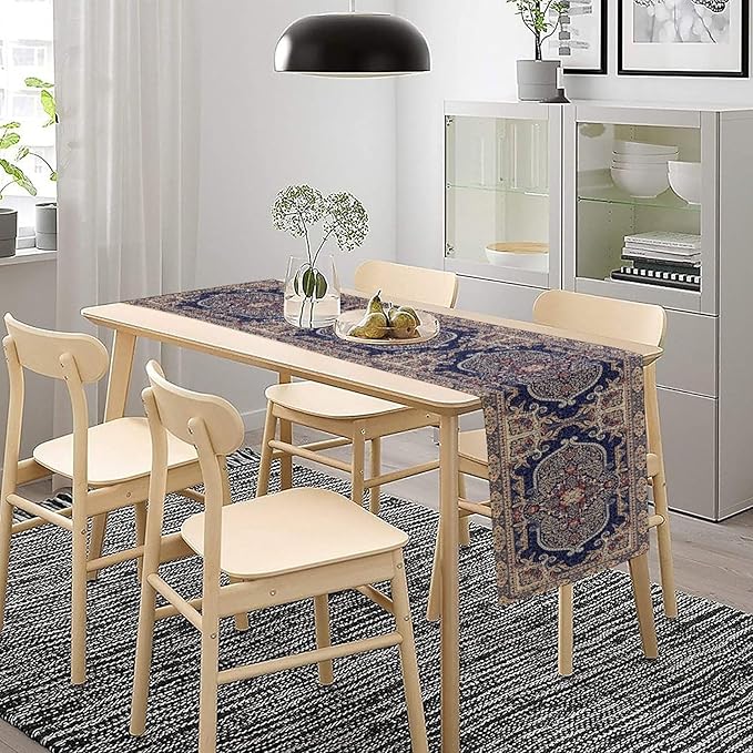 Vintage Boho Floral Table Runner, French Rustic Country Farmhouse Purple Golden Bohemia Flower Pattern for Home Kitchen Table Decor Dining Coffee Room Party Decor 13x36in