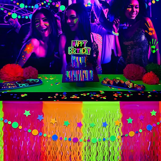 Mega-L Glow in The Dark Party Supplies, 2 Pack Neon Party Decorations Fluorescent Macaron Orange, Yellow and Fuchsia Wavy Metallic Tinsel Foil Fringe Table Skirts, Perfect Table Decors Glow Decors