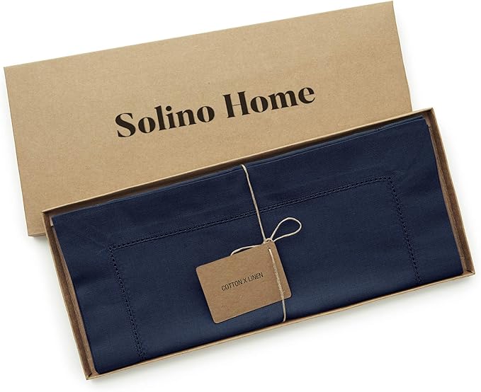 Solino Home Cotton Linen Navy Blue Table Runner 72 Inches Long - Hemstitch Table Runner 14 x 72 Inch for Dresser, Dining, Fall, Autumn, Halloween, Thanksgiving, Christmas, Holiday