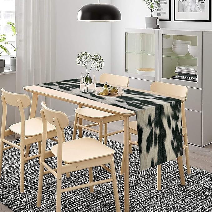 Rustic Cow Skin Print Table Runner, Country Farm Animal Fur Skin Pattern Western Style Brown Cowhide Print Cotton Linen Cottage Dinner Runner for Home Kitchen Dining, 13x120 Inch