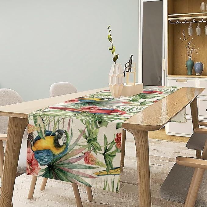 Parrot Table Runner,Tropical Palm Leaf Colorful Macaw Bird Watercolor Print Tablecloth Burlap for Hotel Indoors Outdoor Dining Room Kitchen Home Decor,W13X L80 in
