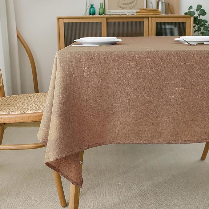 NLMUVW Mocha Linen Tablecloth Rectangle Tables 6ft, Water Resistant Textured Table Cloth Farmhouse Table Cover for Kitchen Dining Coffee, 54 x 96 Inch