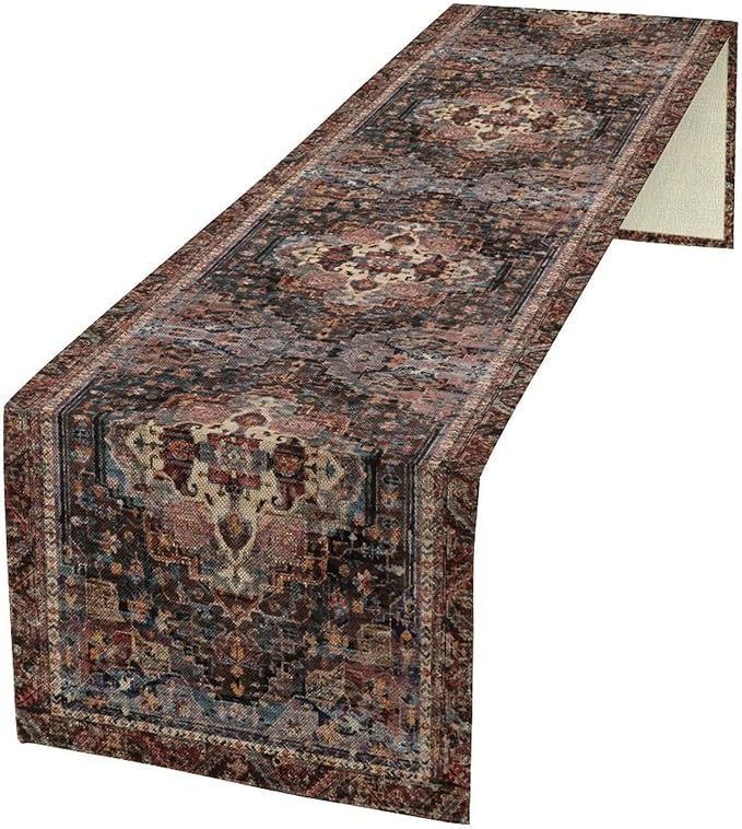 Vintage Boho Floral Table Runner, Rustic Country Farmhouse Black Bohemia Flower Pattern for Home Kitchen Table Decor Dining Coffee Room Party Decor 13x72in