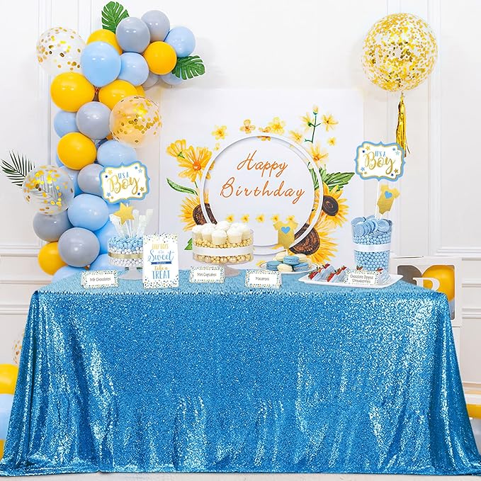QueenDream Aqua Blue Tablecloth 90 x 156 Inch Sequin Tablecloth for Party Decorations Glitter Tablecloth for Bridal Baby Shower Wedding