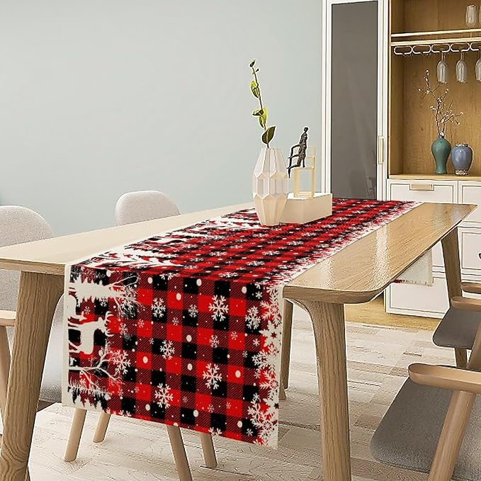 Christmas Table Runner,Red Black Plaid Xmas Snowflakes Deer Trees Print Tablecloth Burlap for Hotel Indoors Outdoor Dining Room Kitchen Home Decor,W13X L60 in