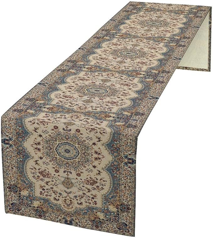 Boho Bohemia Style Table Runner, Vintage Blue Teal Gold Retro Flower Rustic Country Style Floral Print Pattern for Home Kitchen Table Decor Dining Coffee Room Garden Party Decor 13x72in
