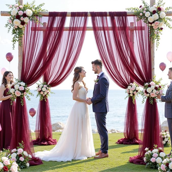 Wedding Arch Draping Fabric Backdrop 1 Panel 60" x 26Ft Burgundy Drapes Curtains for Wedding Reception Sheer Tulle Backdrop Curtain for Ceremony Birthday Party Baby Shower Arbor Ceiling Decorations