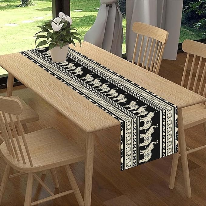 Ethnic Table Runner, Rustic Farmhouse Boho Geometric Elephant Aztec Tribal Print Black Table Center Decor for Home Kitchen Dining Patio Holiday Party Indoor Outdoor Table Decorations, 13"x90" Inch