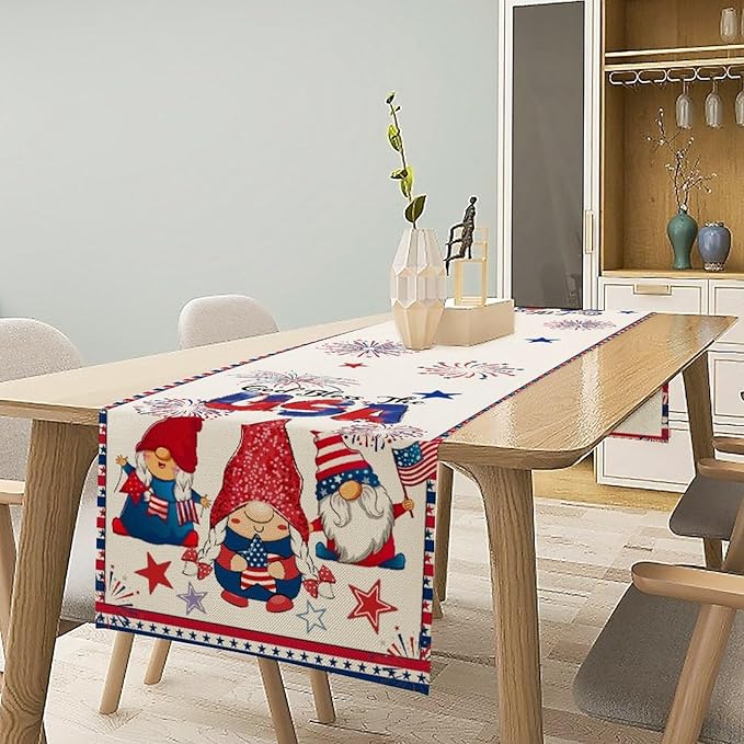 Cute Patriotic Gnomes Table Runner, American Independence Day 4th of July Gnome Blue Red Fireworks Confetti Print Table Runner for Home Kitchen Dining Table Party Decor, 13x120inch