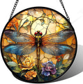 Stained Glass Window Hanging - Orange Blue Dragonfly Flower Suncatcher for Doors Window Home Sun Catchers Decor Christmas Mother's Day Birthday Outdoor Gifts for Women Men Mom Nana 7.8 in