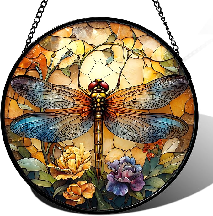 Stained Glass Window Hanging - Orange Blue Dragonfly Flower Suncatcher for Doors Window Home Sun Catchers Decor Christmas Mother's Day Birthday Outdoor Gifts for Women Men Mom Nana 6.3 in