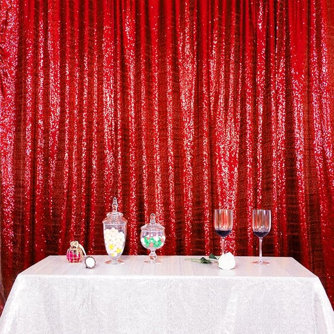 SquarePie Sequin Backdrop Less Transparent Background Sparkly Curtain for Wedding Party 4FT x 7FT Red