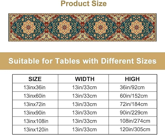 Boho Rich Table Runner, Vintage Blue Teal Gold Retro Flower Rustic Country Style Floral Print Pattern for Home Kitchen Table Decor Dining Coffee Room Garden Party Decor 13x108in