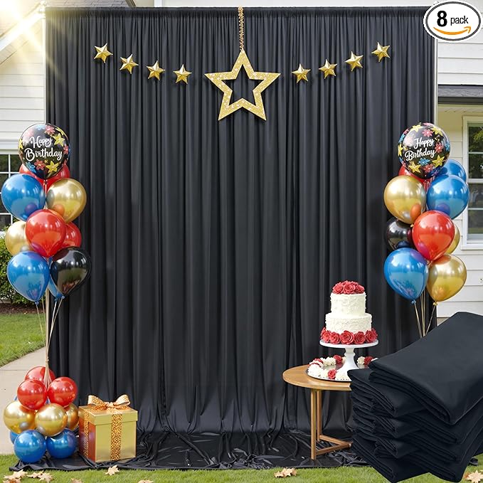 40x12ft Wrinkle Free Black Backdrop Curtain for Wedding Parties, 8 Panels 5×12 ft Long Soft Silky Polyester Fabric Backdrop Drapes Black Photo Back Drop Curtains for Party Photography Background Cloth