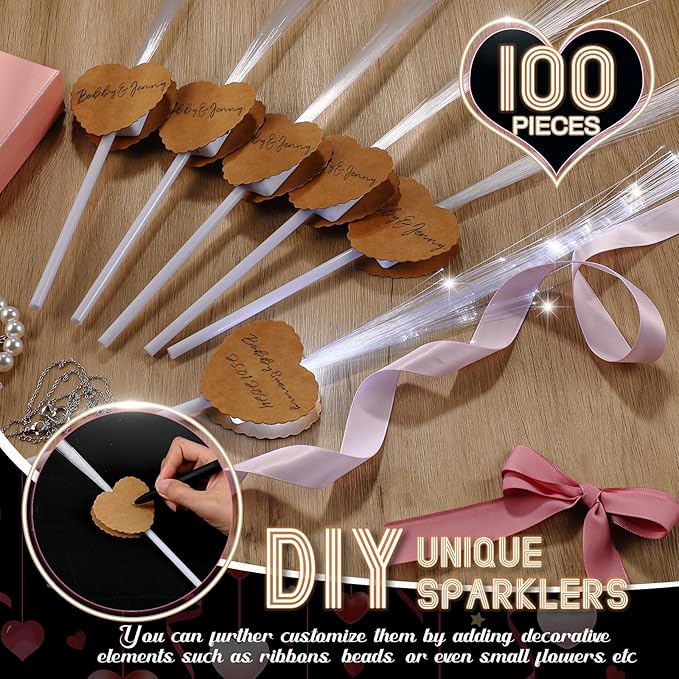 100 Pcs Wedding Sparklers Heart Shaped LED Glow Sticks Fiber Optic Wands Light up Wand with 3 Light Mode for Wedding Bridal Shower Birthday Glow in the Dark Party Supplies (Brown)
