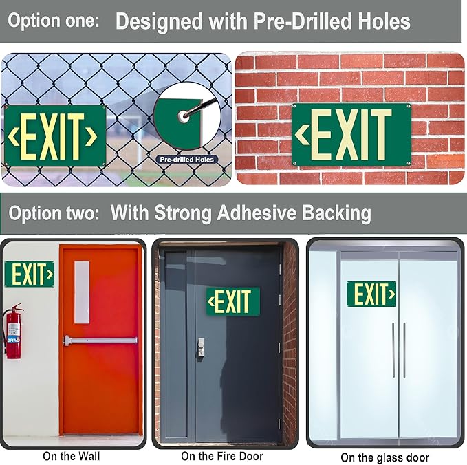 (2Pack) Photoluminescent Exit Sign, Glow In The Dark Aluminum Exit Sign Green - Adhesive Backing - 4pcs Removable Arrows Included - 14.25 x 7.5 Inches - Non Electrical Exit For 50 Feet Visibility