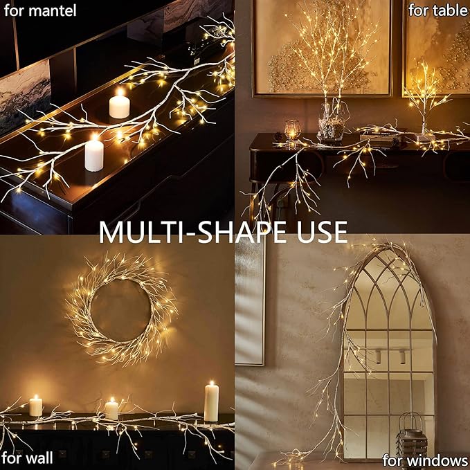 Fudios Lighted Birch Garland with Timer 48 LED Fairy Lights 6ft Battery Operated for Mantle Decor, Lit Christmas White Twig Garland Winter Home Wall Decoration Indoor Outdoor Use 1 Set