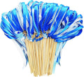 100 Pack Blue Lace Wedding Ribbon Wands Streamers with Bells Silk Fairy Wands Sticks Wedding Exit Ribbon for Party Activities Bridal Shower Send Off Holiday Celebration
