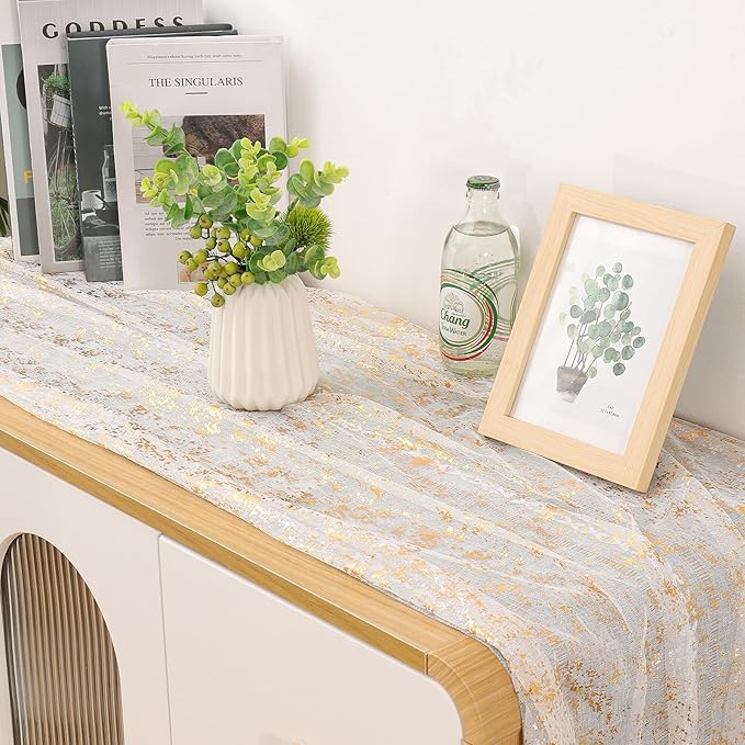 LOMOHOO 10 Ft Gold Table Runner, Golden Sheer Sequin Table Runners 120 Inches Long Glitter Metallic Foil Lace Fabric Table Decor for Birthday Party Wedding Anniversary Centerpiece (1pcs)